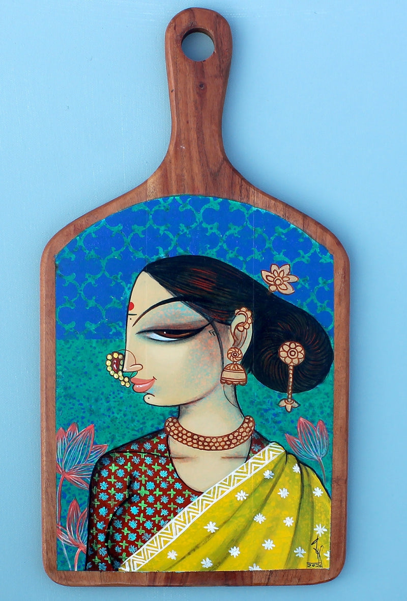 Beauty Face 2' figurative acrylic painting by artist Varsha R Kharatmal, 17x9 inch, on wooden board