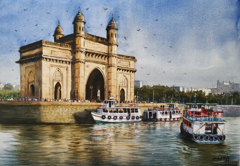 The Beauty Of Gateway Of India' cityscape watercolor painting by artist Niketan Bhalerao, 14x20 inch, on paper