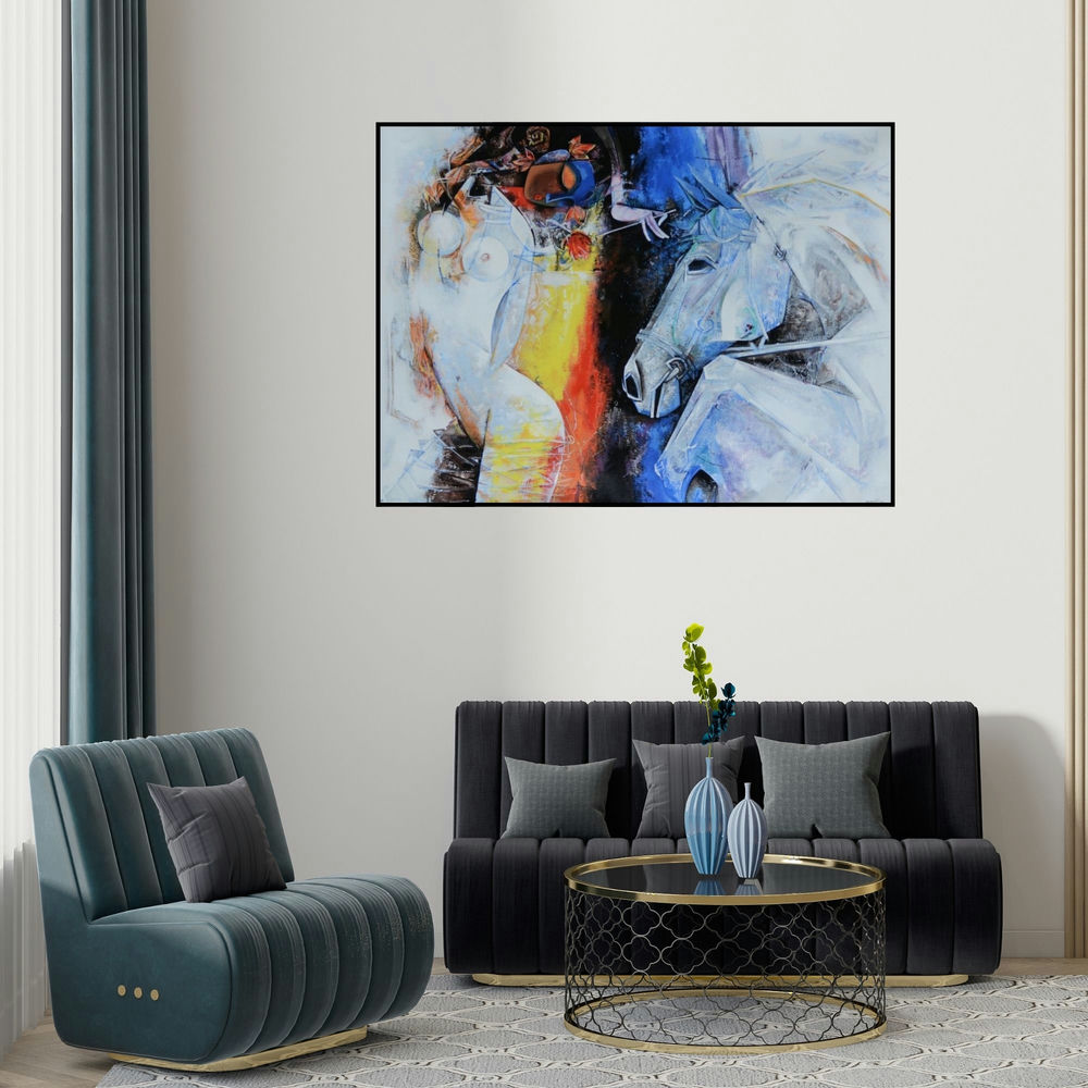 Vishal Phasale's 'Beauty With Horse (Ethereal Encounter)' painting visualized above a sofa in a contemporary room.