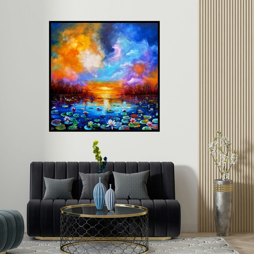 Arjun Das's 'Beauty Of Nature 2 (Twilight Reverie)' painting visualized above a sofa in a contemporary room.