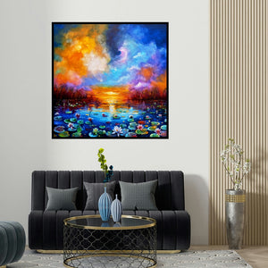 Arjun Das's 'Beauty Of Nature 2 (Twilight Reverie)' painting visualized above a sofa in a contemporary room.