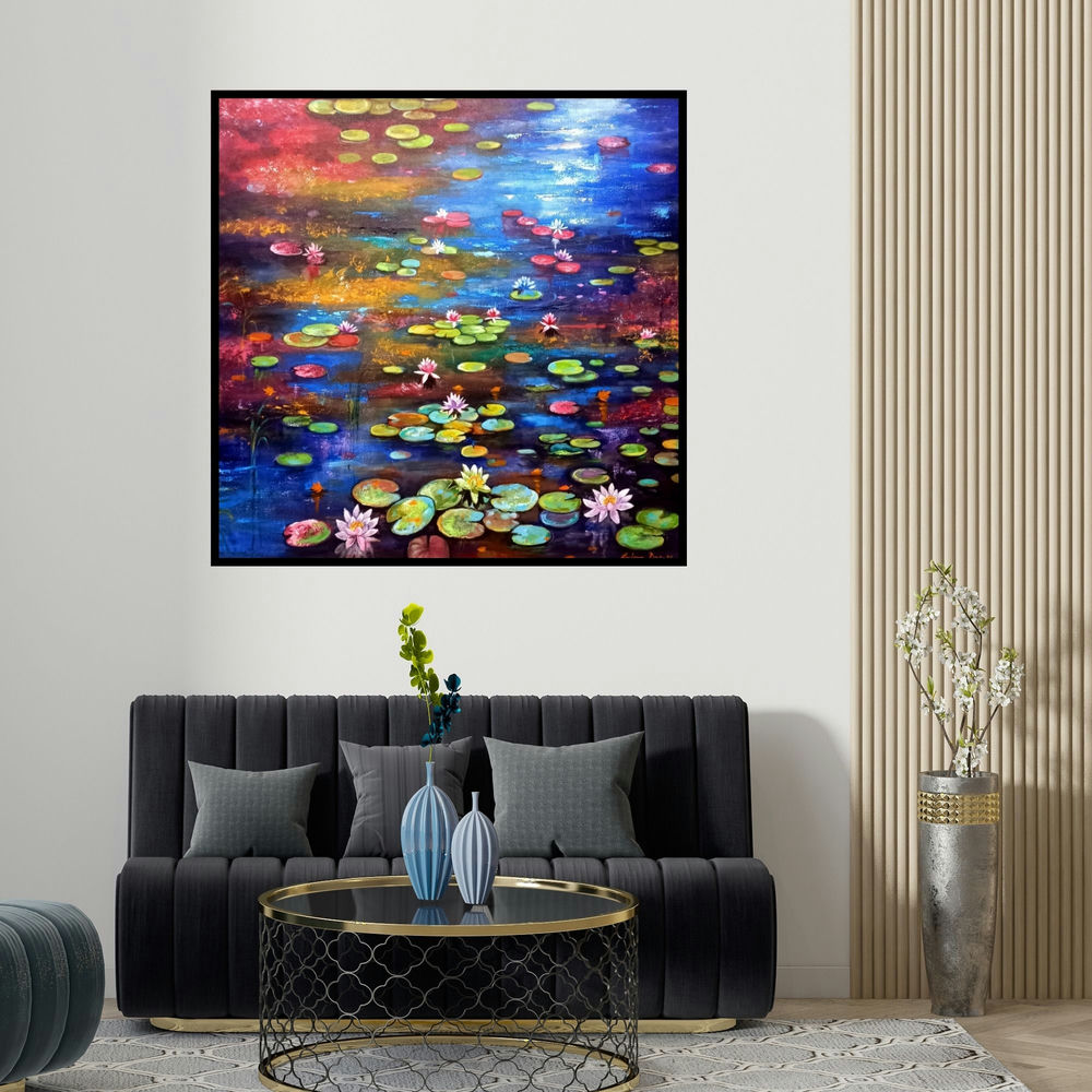 Arjun Das's 'Beauty Of Nature 3' painting visualized above a sofa in a contemporary room.