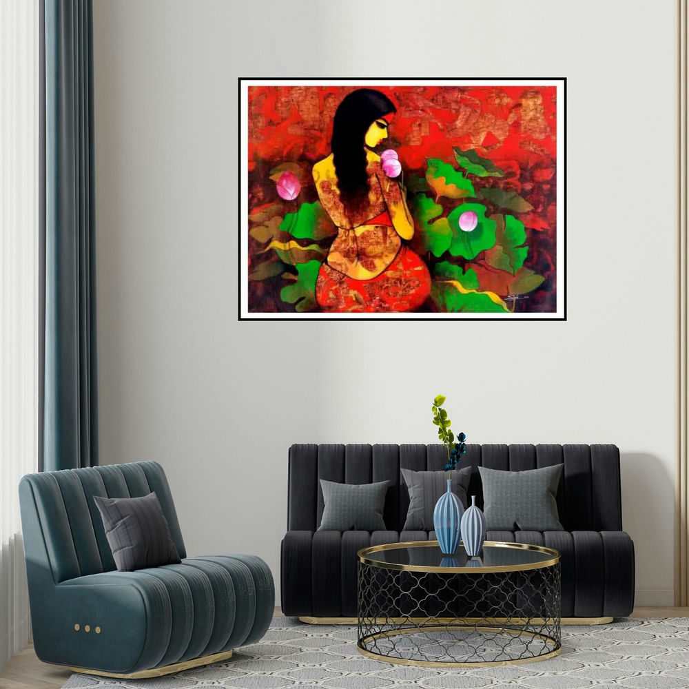 Mukesh Salvi's 'Beauty With Nature (Woman with Birds)' painting visualized above a sofa in a contemporary room.