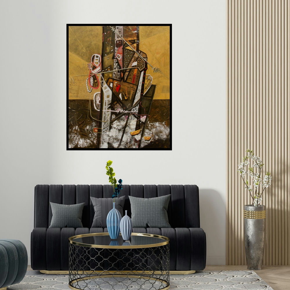 'Beauty Of Nature (The City Transformed)' painting by Chandra Bhushan Srivastava shown on a wall in a furnished room.
