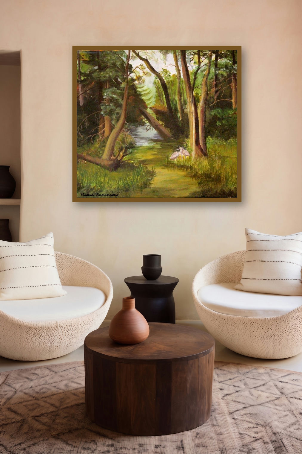 Beauty Of Nature (Whispering Trees) by artist Madhuri Parthasarathy displayed in a Museum Style gallery