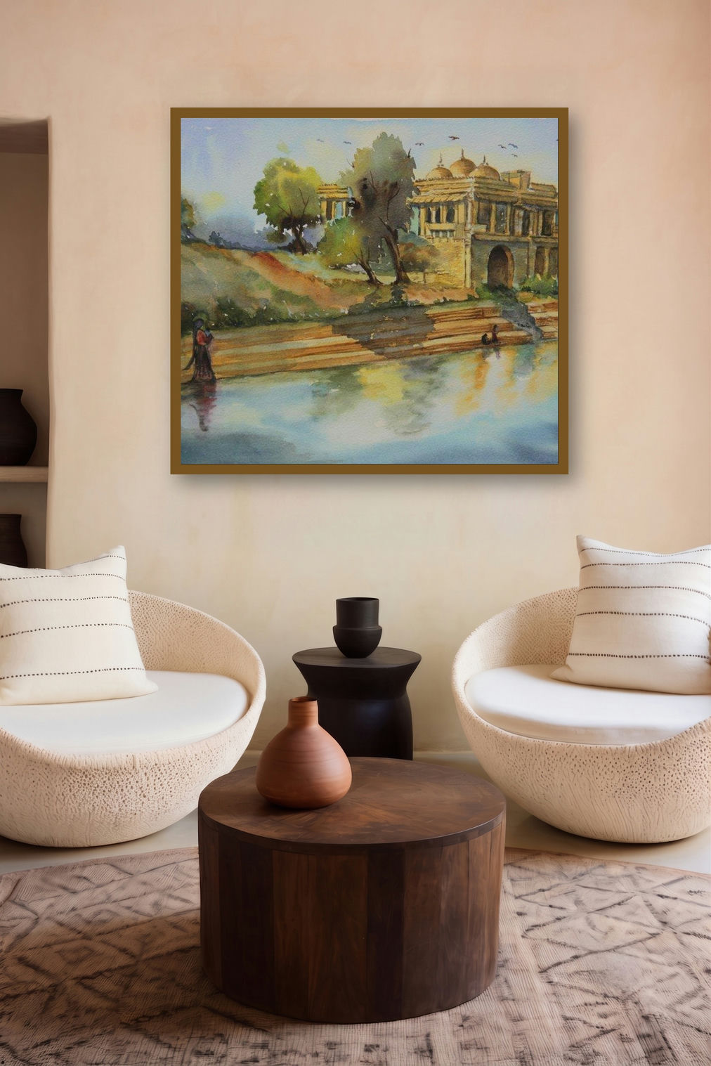 Beauty Of Peace (Ghat Scene) by artist Krupa Shah displayed in a Indian Art gallery