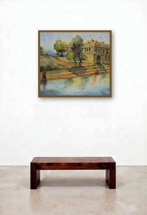 Beauty Of Peace (Ghat Scene) by artist Krupa Shah displayed in a Mid-Century Modern Reception Area