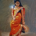 'Beauty In Orange' figurative oil painting by artist Abhijit Jadhav, 30x24 inch, on canvas