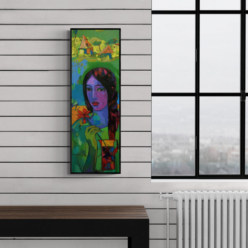 Preview of 'Beauty Of Village (The Village Maiden)' Painting by Avinash Mokashe shown on a wall in a furnished room.