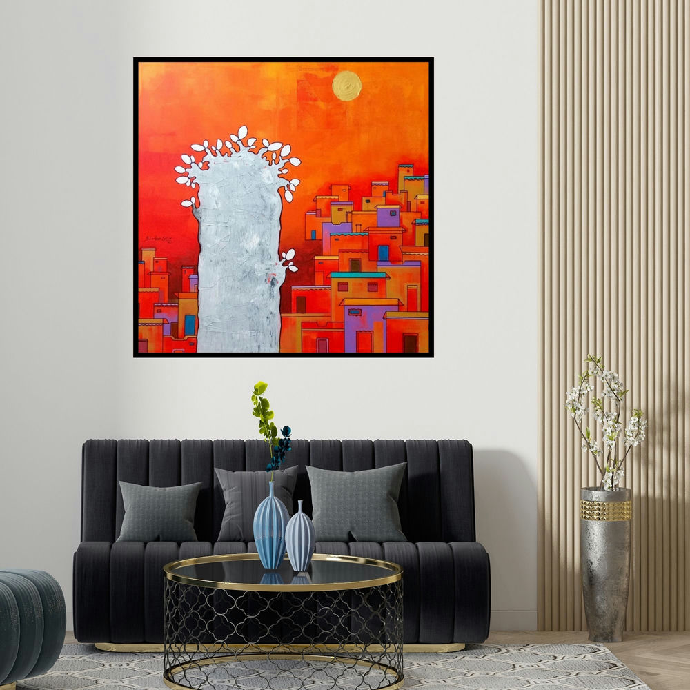 Shankar Lohar's 'The Beauty Village 3' painting visualized above a sofa in a contemporary room.