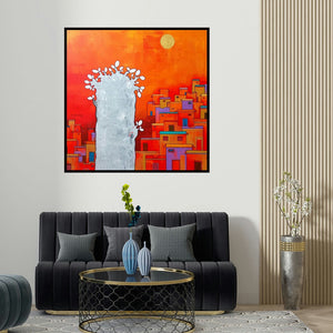 Shankar Lohar's 'The Beauty Village 3' painting visualized above a sofa in a contemporary room.