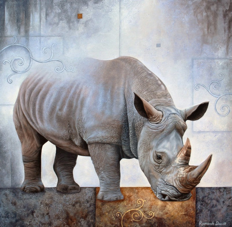 In-situ view of Ramesh Das's 'Beauty Of Wildlife 2 (The Rhino)' painting in a room