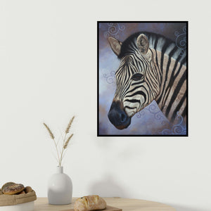 Ramesh Das's 'Beauty Of Wildlife 3 (The Zebra's Gaze)' painting visualized above a sofa in a contemporary room.