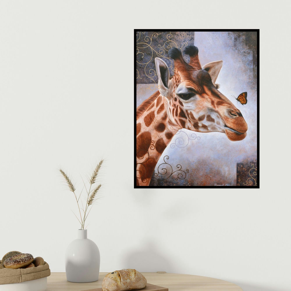 Ramesh Das's 'Beauty Of Wildlife 4 (The Curious Giraffe)' painting visualized above a sofa in a contemporary room.