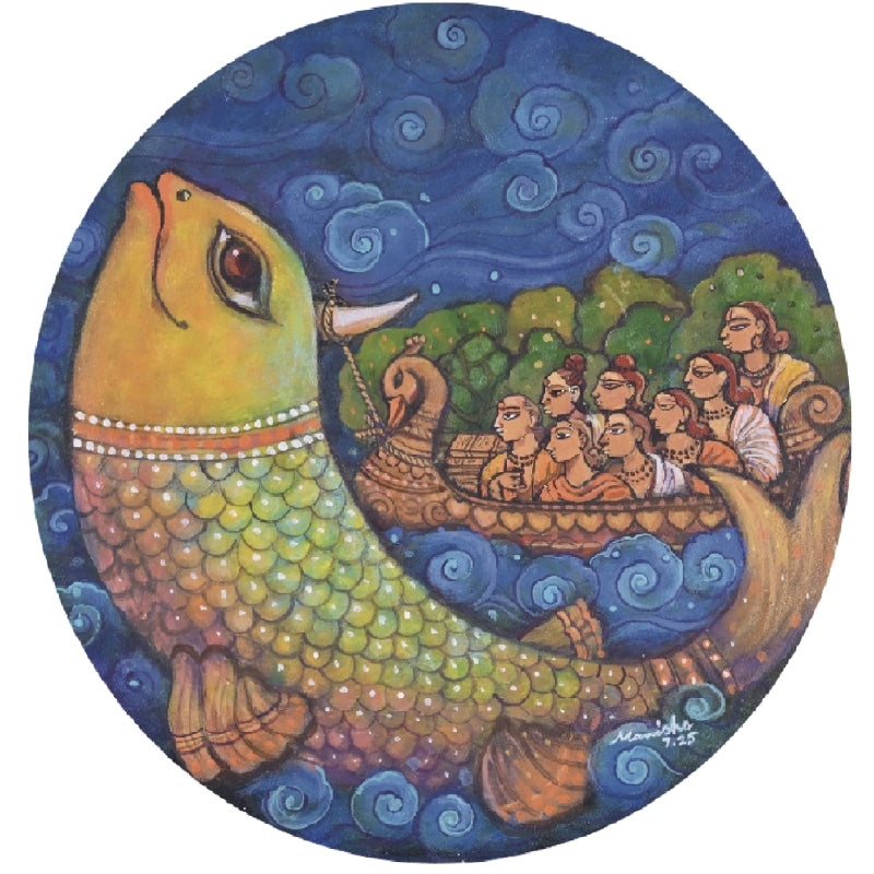 The Begining' religious acrylic painting by artist Manisha Srivastava, 18x18 inch, on canvas