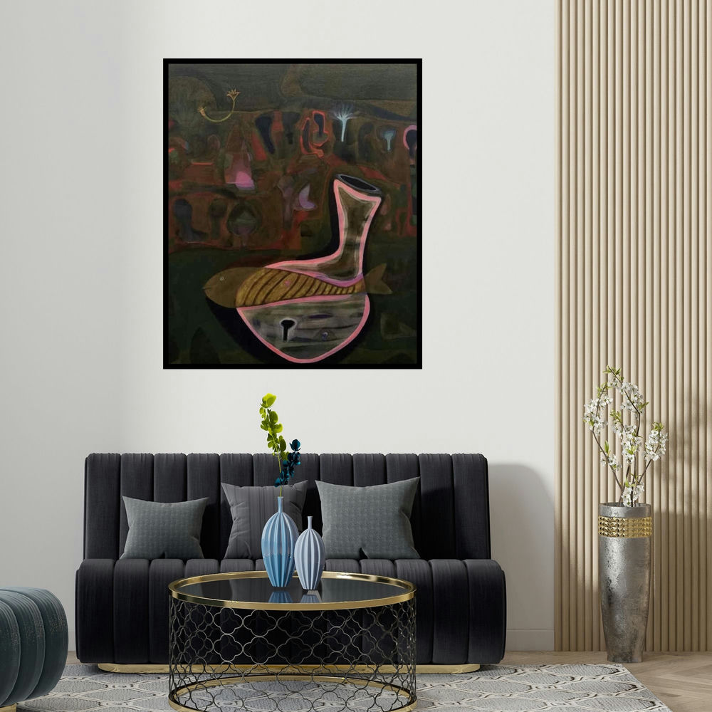 'Beginning Of Life (The Dream of the Fish)' painting by Rohit Joshi shown on a wall in a furnished room.