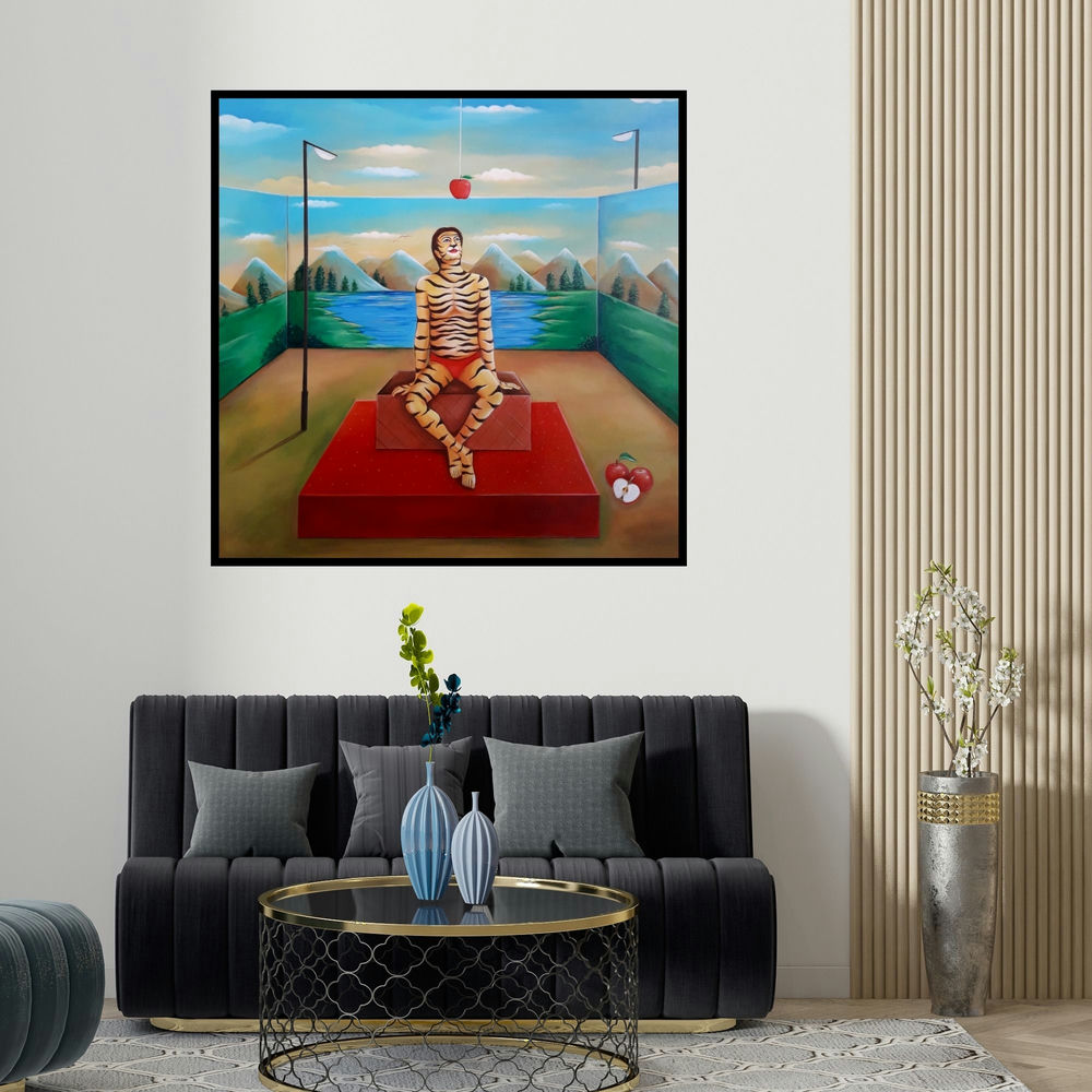 Anand Kumar's 'Behrupiya Desire (The Tiger's Reflection)' painting visualized above a sofa in a contemporary room.
