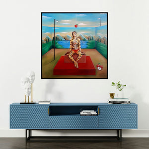 'Behrupiya Desire (The Tiger's Reflection)' painting by Anand Kumar shown on a wall in a furnished room.
