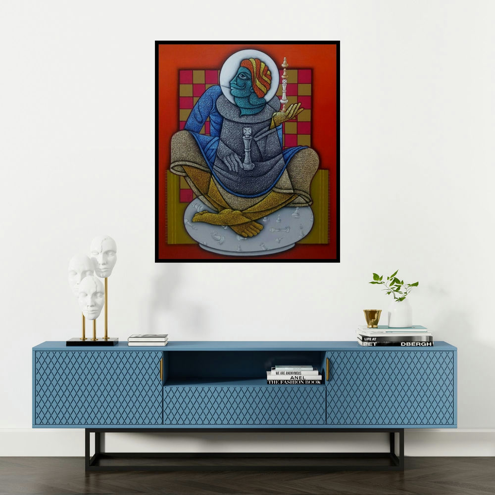 Satyajeet Shinde's 'The Being King 2 (Celestial Checkmate)' painting visualized above a sofa in a contemporary room.