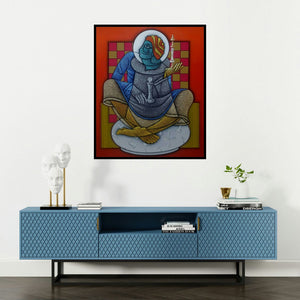 Satyajeet Shinde's 'The Being King 2 (Celestial Checkmate)' painting visualized above a sofa in a contemporary room.