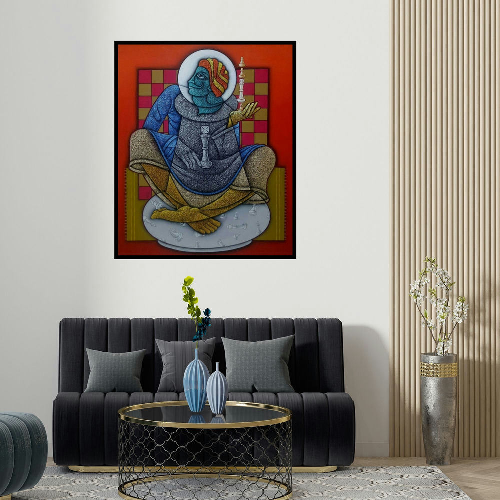 'The Being King 2 (Celestial Checkmate)' painting by Satyajeet Shinde shown on a wall in a furnished room.