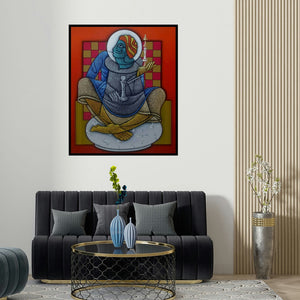 'The Being King 2 (Celestial Checkmate)' painting by Satyajeet Shinde shown on a wall in a furnished room.