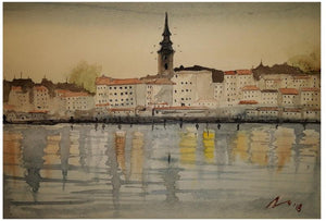 Cityscape watercolor painting titled 'Belgrade Serbia', 7x11 inches, by artist Arunava Ray on Paper