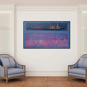 'Believing 2' painting by Kamar Alam shown on a wall in a furnished room.