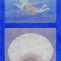 A surreal art painting featuring Kamar Alam - a white figure floating in a blue sky with a yellow sun in the top panel, and a large white mushroom with brown stalks in the bottom panel, set against a deep blue textured background. 