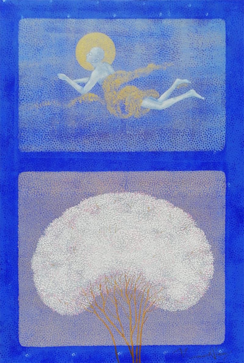 A surreal art painting featuring Kamar Alam - a white figure floating in a blue sky with a yellow sun in the top panel, and a large white mushroom with brown stalks in the bottom panel, set against a deep blue textured background. 