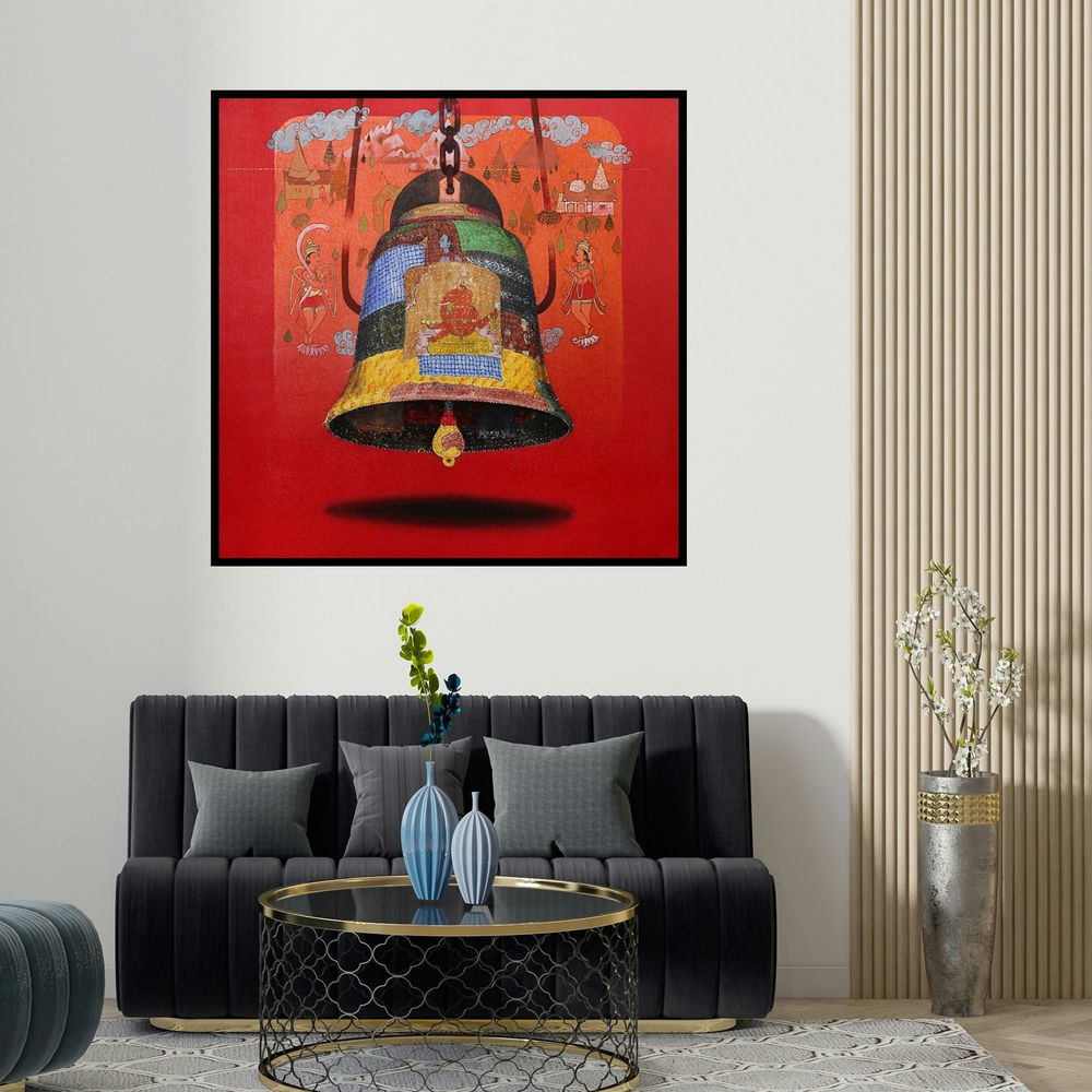Ramchandra Kharatmal's 'Bell' painting visualized above a sofa in a contemporary room.