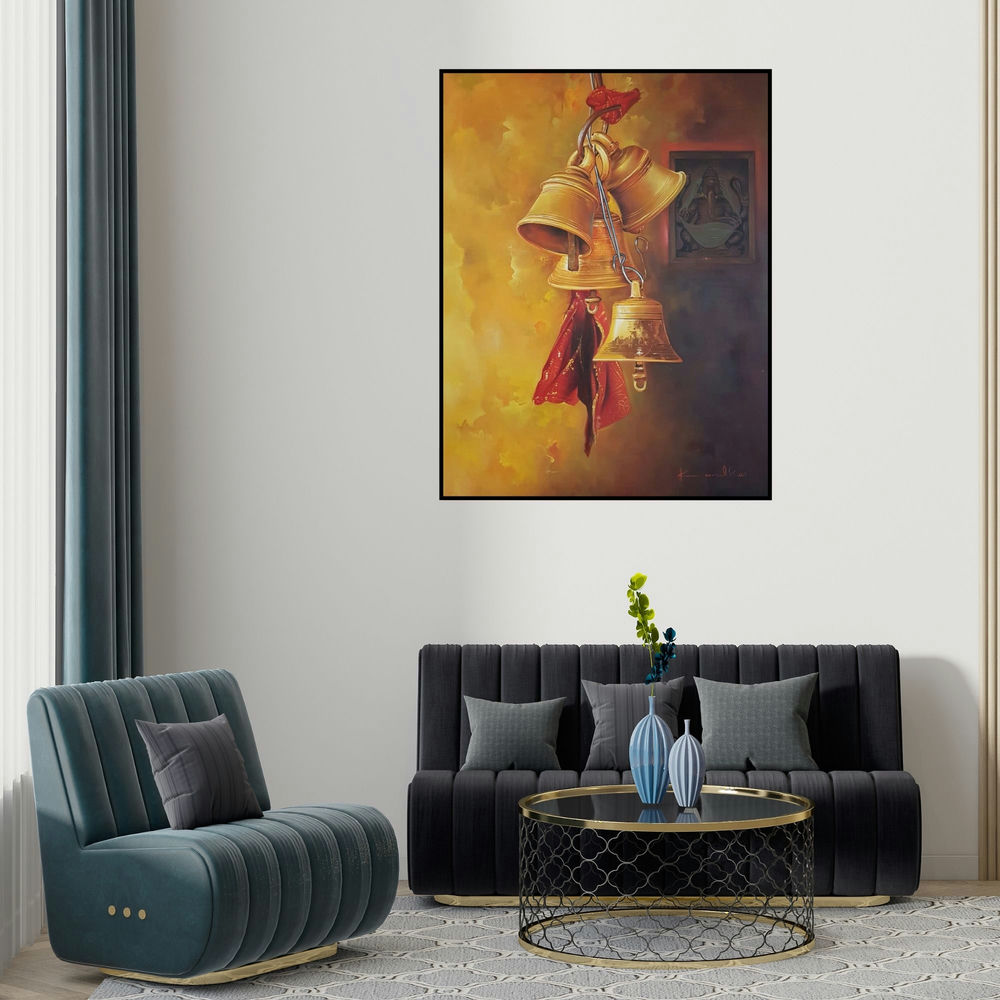 Kamal Rao's 'Bells And Ganesha 2' painting visualized above a sofa in a contemporary room.