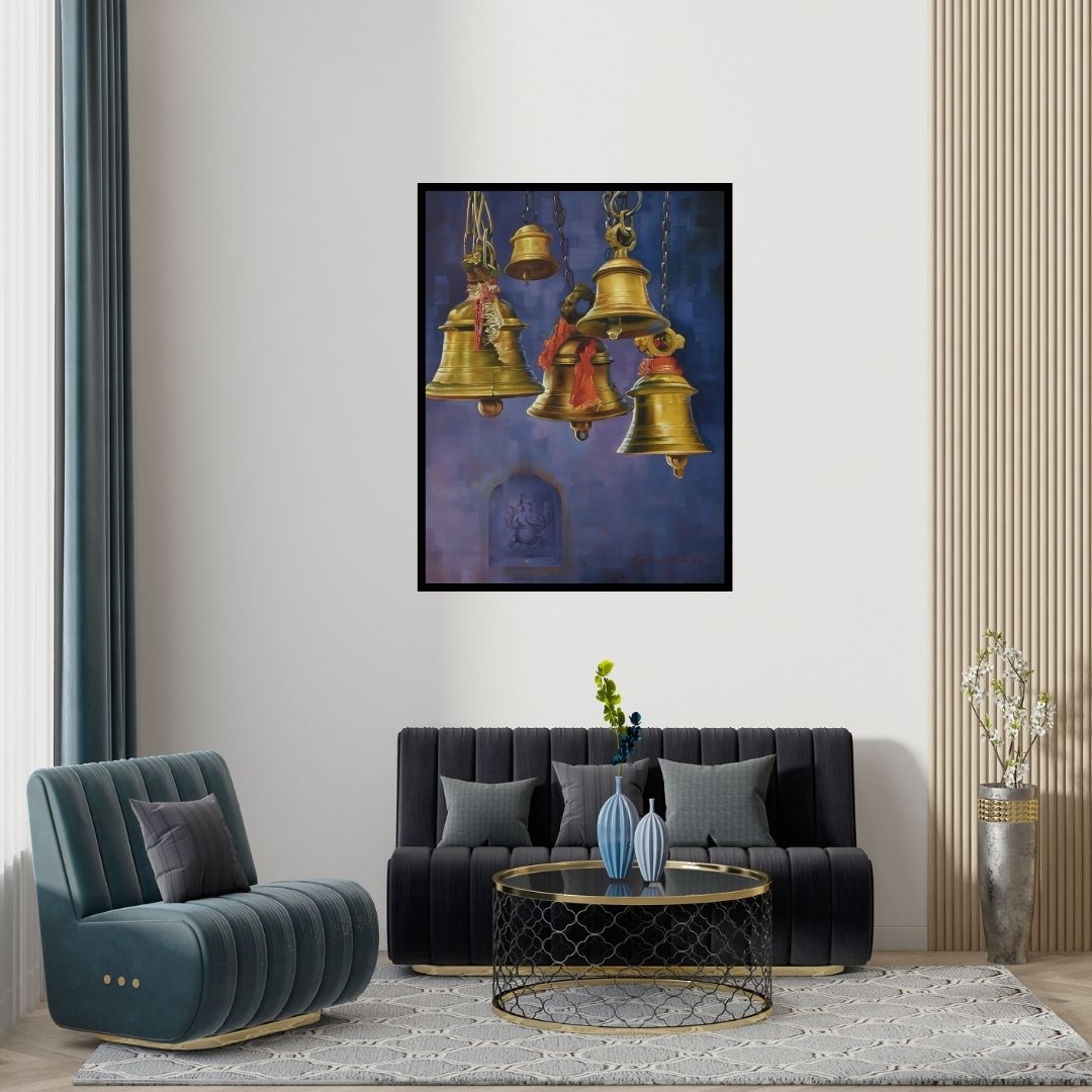 Preview of 'Bells And Ganesha Ii (Temple Bells)' Painting by Kamal Rao shown on a wall in a furnished room.
