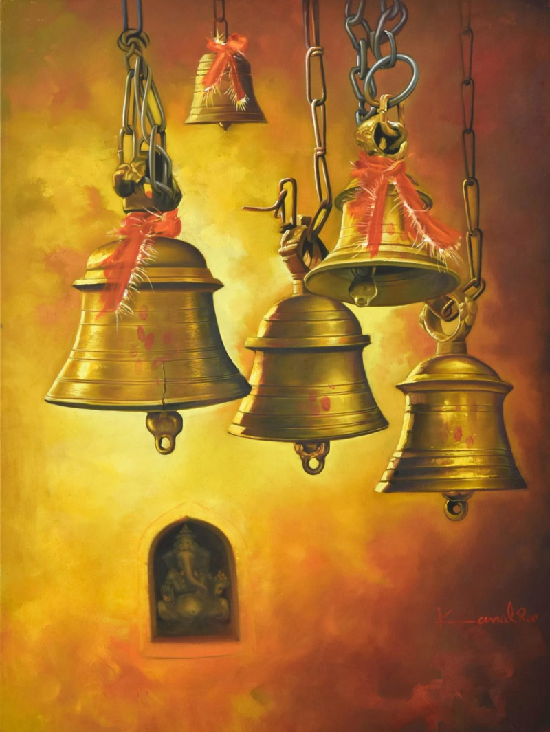 Bells And Ganesha' religious oil painting by artist Kamal Rao, 48x38 inch, on canvas