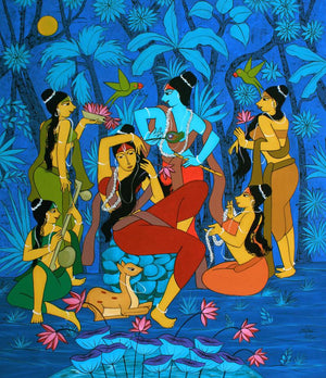 Beloved (Radha and Krishna with Gopis) by Chetan Katigar, Original Acrylic Religious Painting on Canvas, X-Large Vertical Wall Art