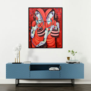 Sekhar Roy's 'Bengali Tune 11 (Harmonious Strings)' painting visualized above a sofa in a contemporary room.