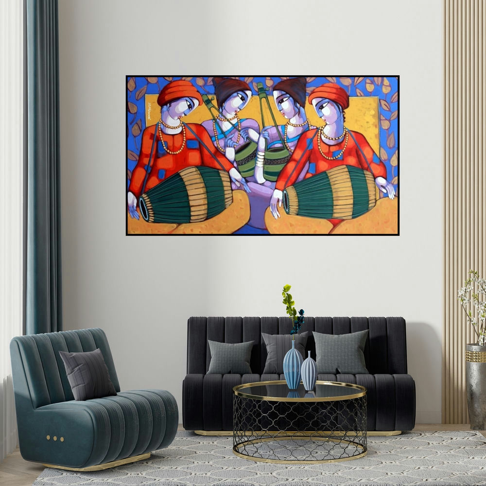 Sekhar Roy's 'Bengali Tune 2' painting visualized above a sofa in a contemporary room.