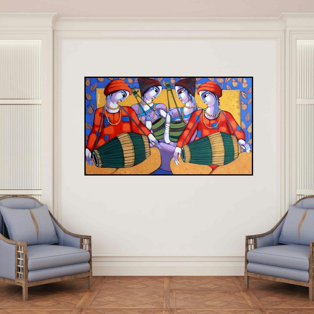 'Bengali Tune 2' painting by Sekhar Roy shown on a wall in a furnished room.