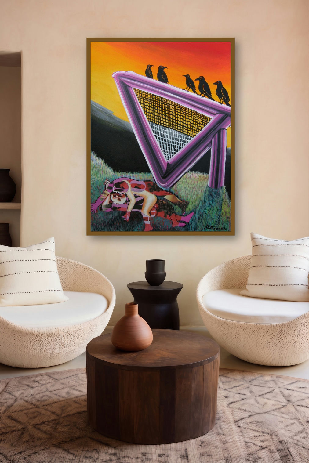 Beside The Black River (The Ravens Perch) by artist Mithun Dasgupta displayed in a Museum Style gallery