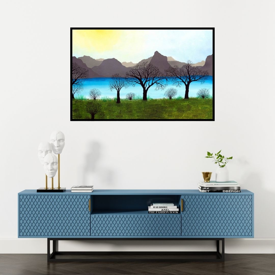 Preview of 'Besides The Calm Waters (Serene Vista)' Painting by Sumit Mehndiratta shown on a wall in a furnished room.