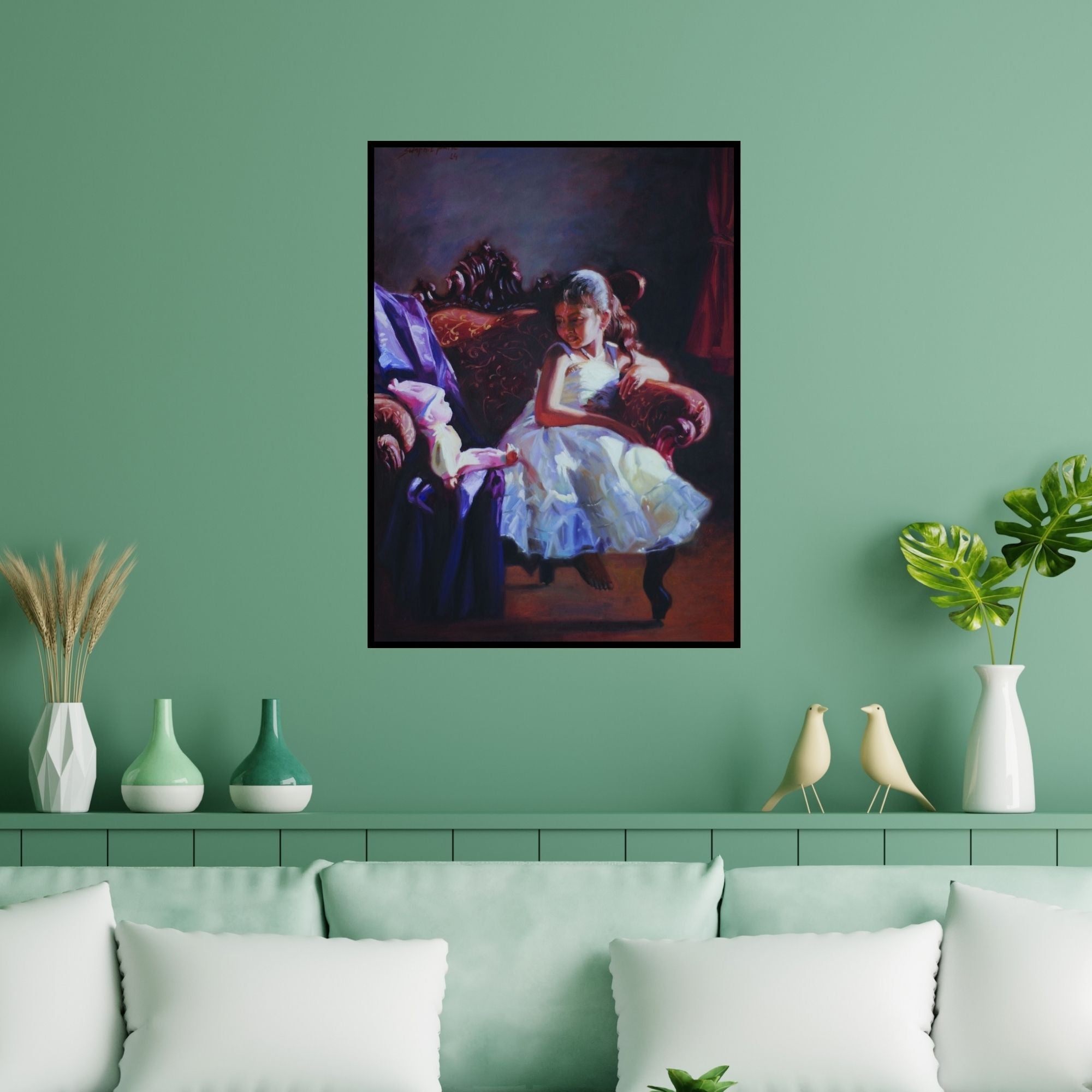 Preview of 'Best Friend' Painting by Swapnil Patil shown on a wall in a furnished room.