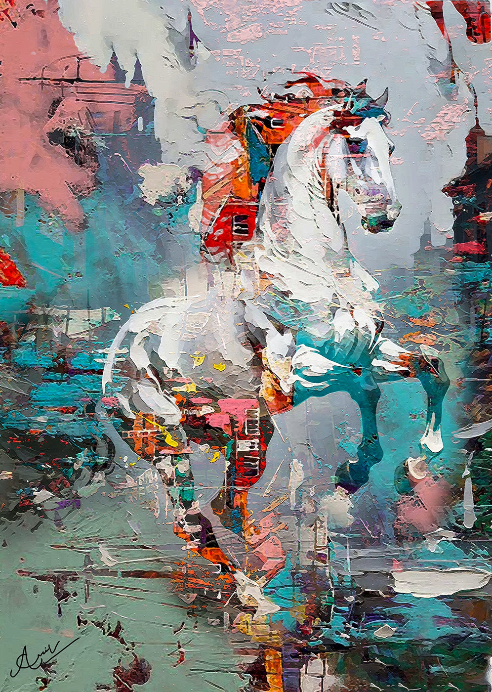 Between Two Worlds 2' animals mixed-media painting by artist Anil Kumar, 45x32 inch, on canvas