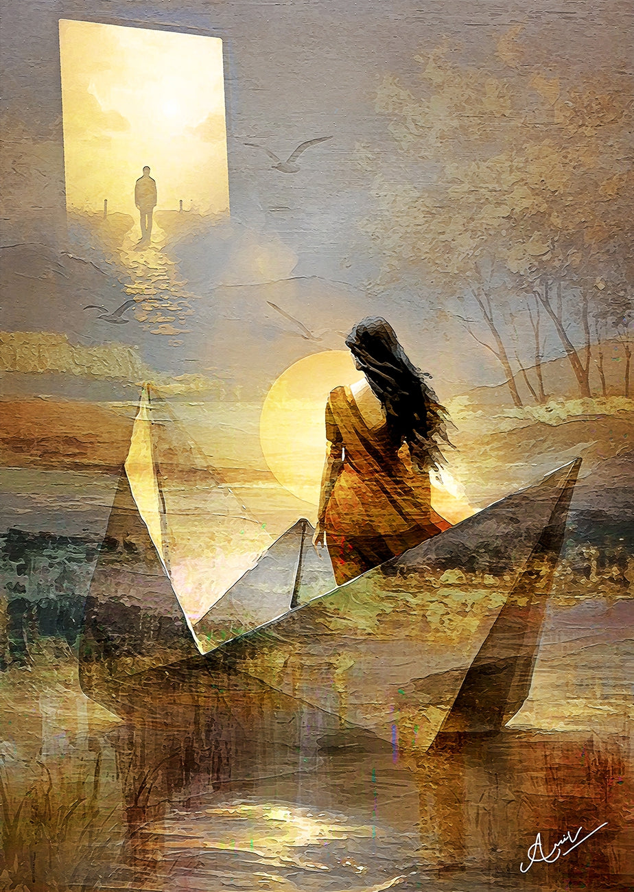 Between Two Worlds' figurative mixed-media painting by artist Anil Kumar, 45x32 inch, on canvas