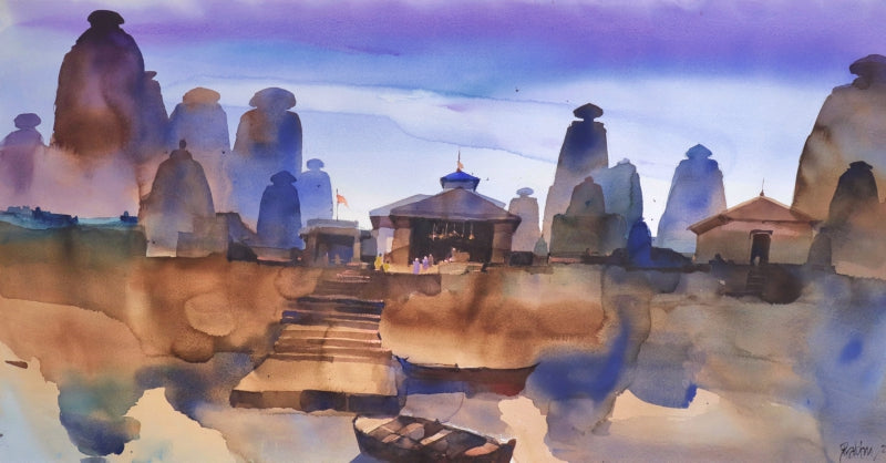 'Beyond Counting At Baijnath' landscape watercolor painting by artist Prashant Prabhu, 23x46 inch, on paper