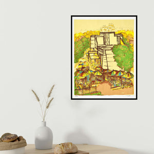 Vrindavan Solanki's 'Bhadra Darwaza (A Bustling Market)' painting visualized above a sofa in a contemporary room.