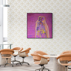 Preview of 'Bhagoriy Series 20 (Crimson Tapestry)' Painting by Anup Shrivastav shown on a wall in a furnished room.