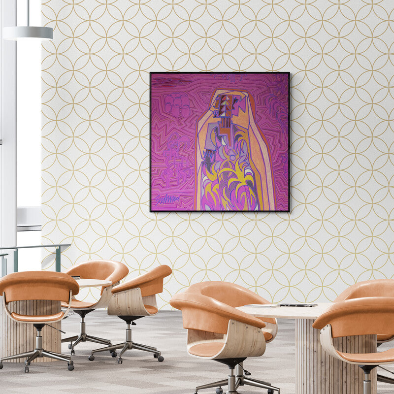 Anup Shrivastav's painting 'Bhagoriy Series 20 (Crimson Tapestry)' displayed in a modern living room setting