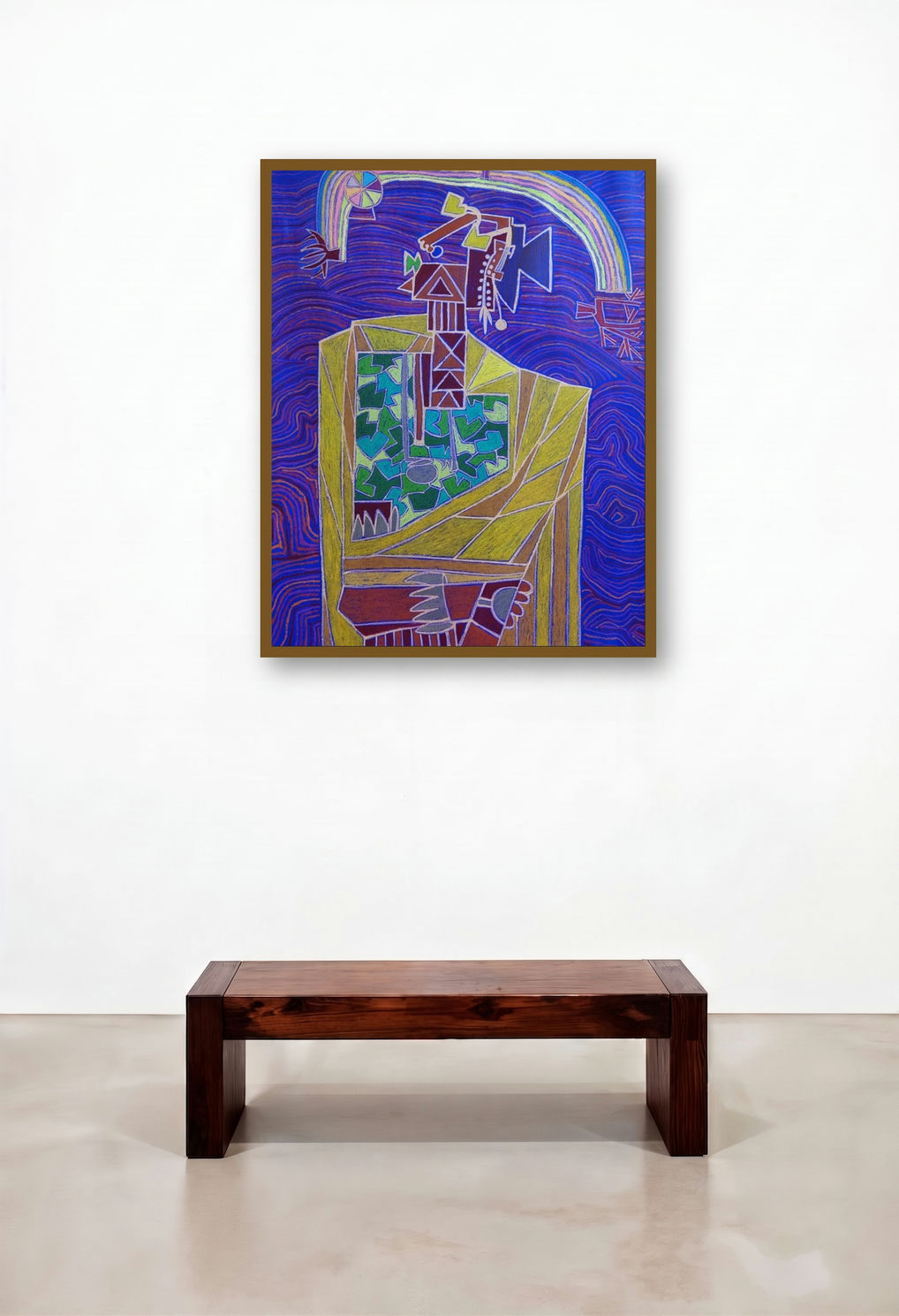 Bhagoriy Series 21 (Celestial Being) by artist Anup Shrivastav displayed in a Rustic Living Room