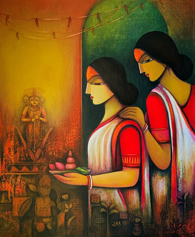 Bhakti' figurative acrylic painting by artist Mousumi Mukherjee, 24x20 inch, on canvas
