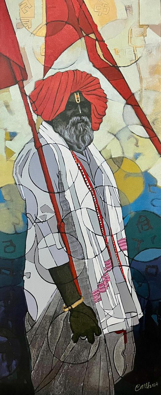 'Bhakti 2' religious acrylic painting by artist Navnath Kshirsagar, 48x20 inch, on canvas